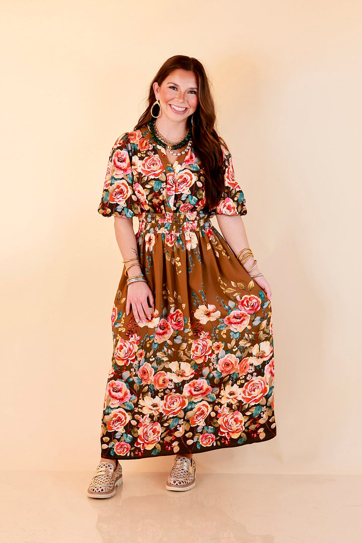 Brunch with the Girls Puff Sleeve Smocked Waist Floral Print Tiered Midi Dress in Chocolate Brown Multi