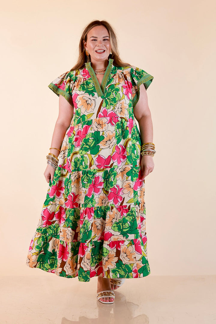 Spring Symphony Floral Print Tiered Midi Dress with Flutter Sleeves in Pink and Green