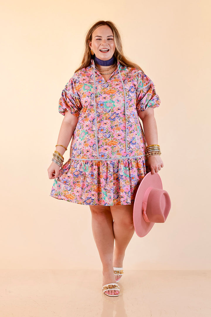 Darling Detail Floral Print Drop Waist Mini Dress with Contrast Trim in Pink Multi