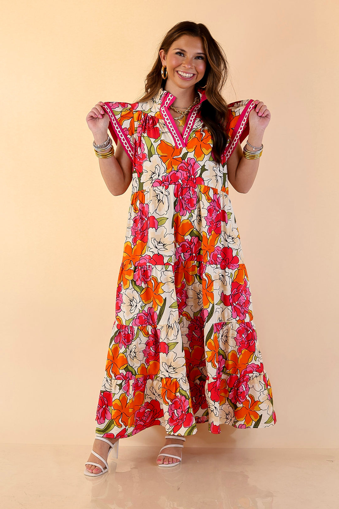 Spring Symphony Floral Print Tiered Midi Dress with Flutter Sleeves in Pink and Orange