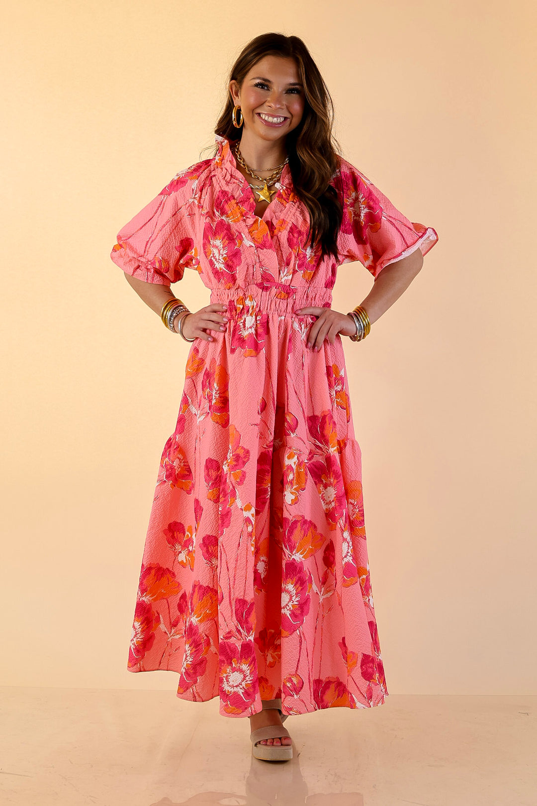 Breezy Belle Floral Print Textured Puff Sleeve Midi Dress with Smocked Waist in Pink Mix