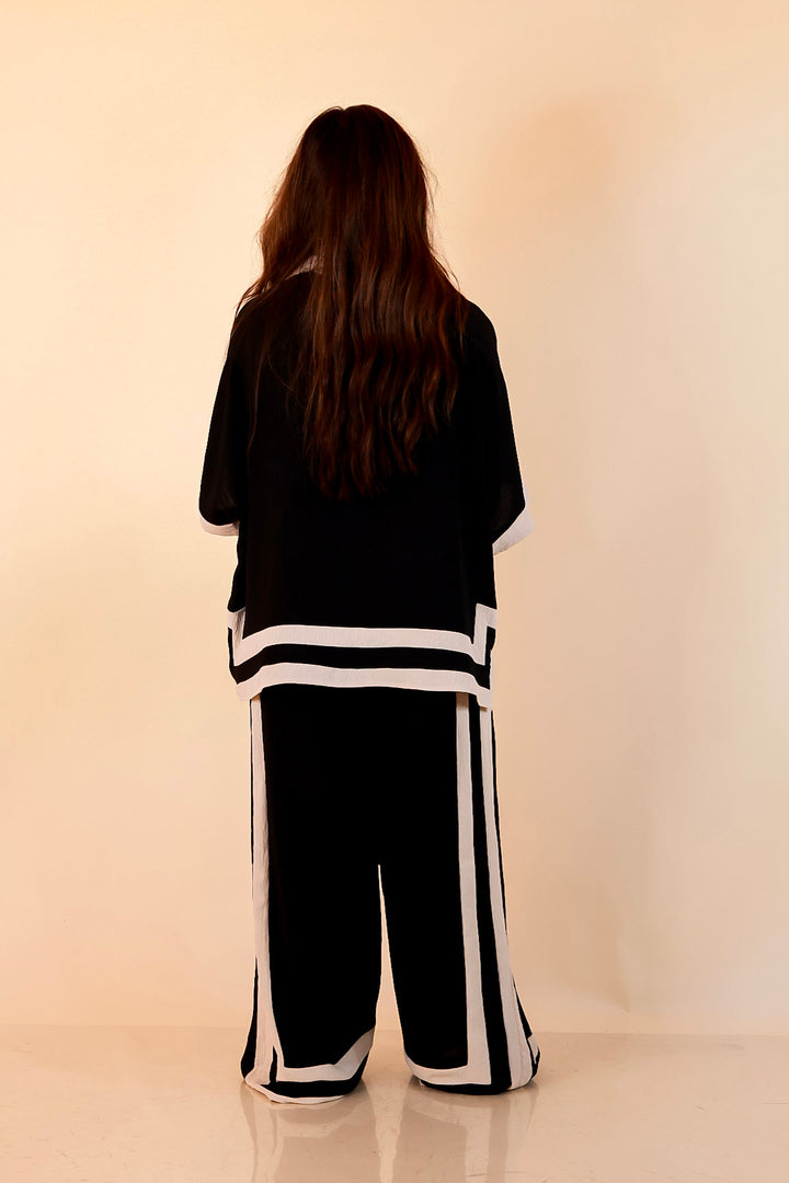 First Class Chic Button Front Collared Top with Matching Wide Leg Pants Set in Black and Ivory
