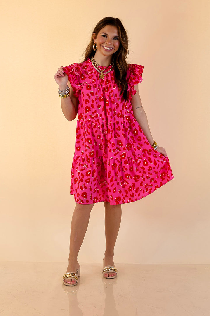 Daring and Delightful Leopard Print Dress with Ruffle Cap Sleeves in Pink and Red