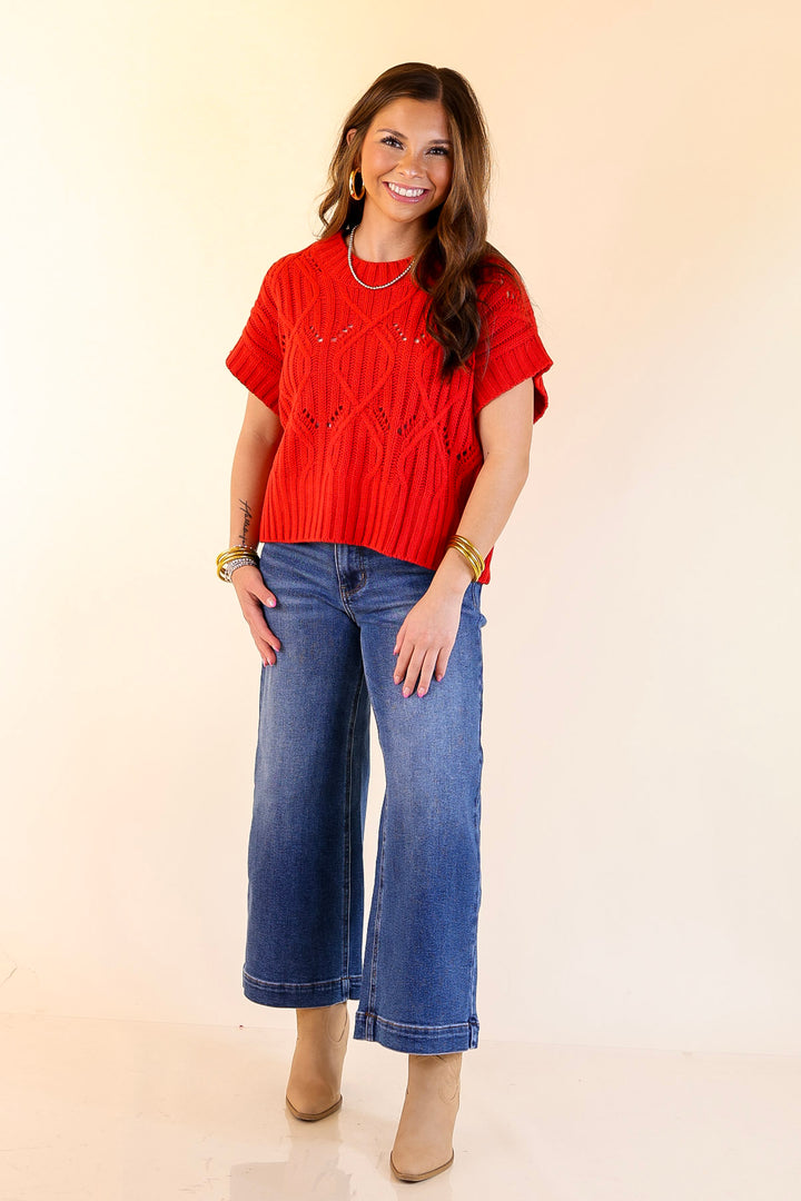 Knit to Last Cable Knit Short Sleeve Sweater Top in Red