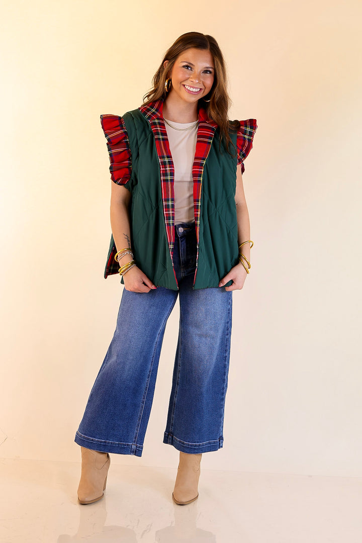 Mud Pie | Jefferies Quilted Plaid Reversible Vest with Ruffle Cap Sleeves and Bow Side Closure in Red