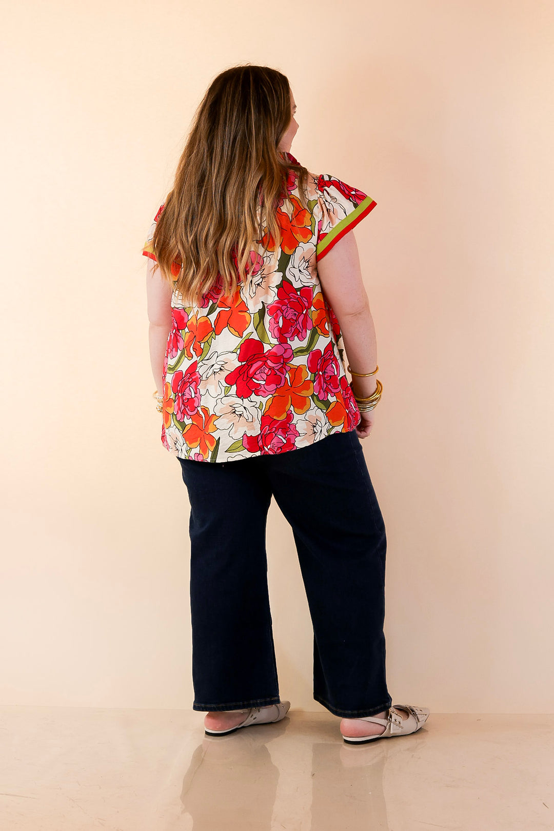 Spring Symphony Floral Print Flutter Sleeve Top with Contrast Trim Split Neckline in Pink and Orange