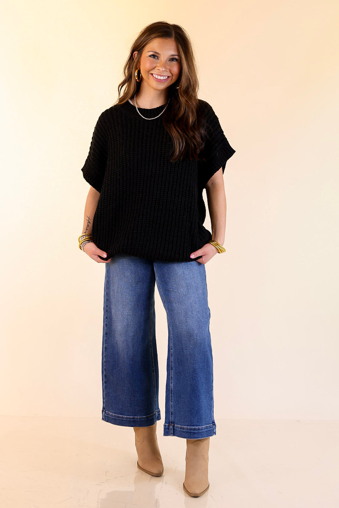 Tried and True Short Sleeve Oversized Knit Sweater in Black