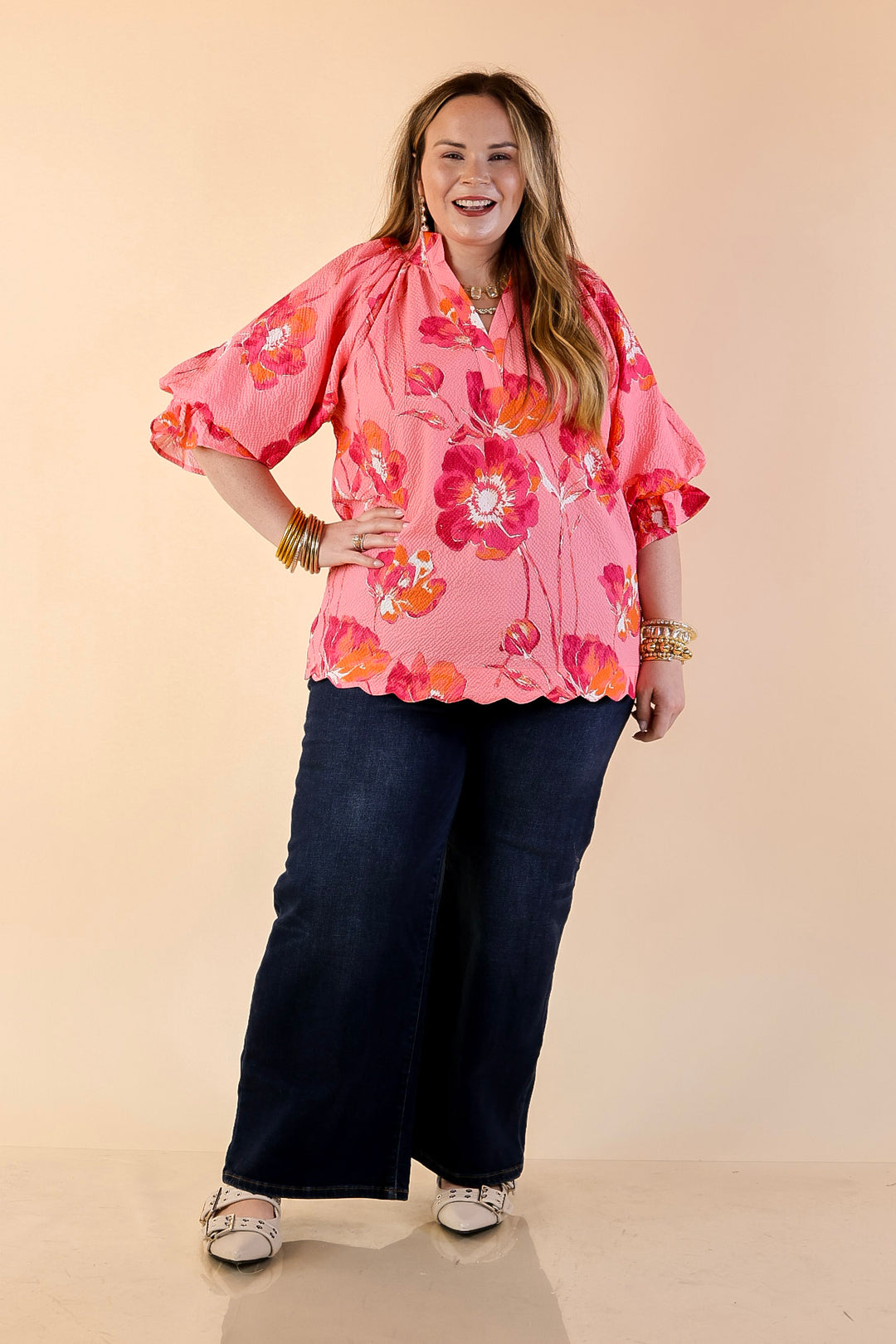 Petal Perfect Floral Print Textured Puff Sleeve Top with Ruffle Split Neckline in Pink Mix