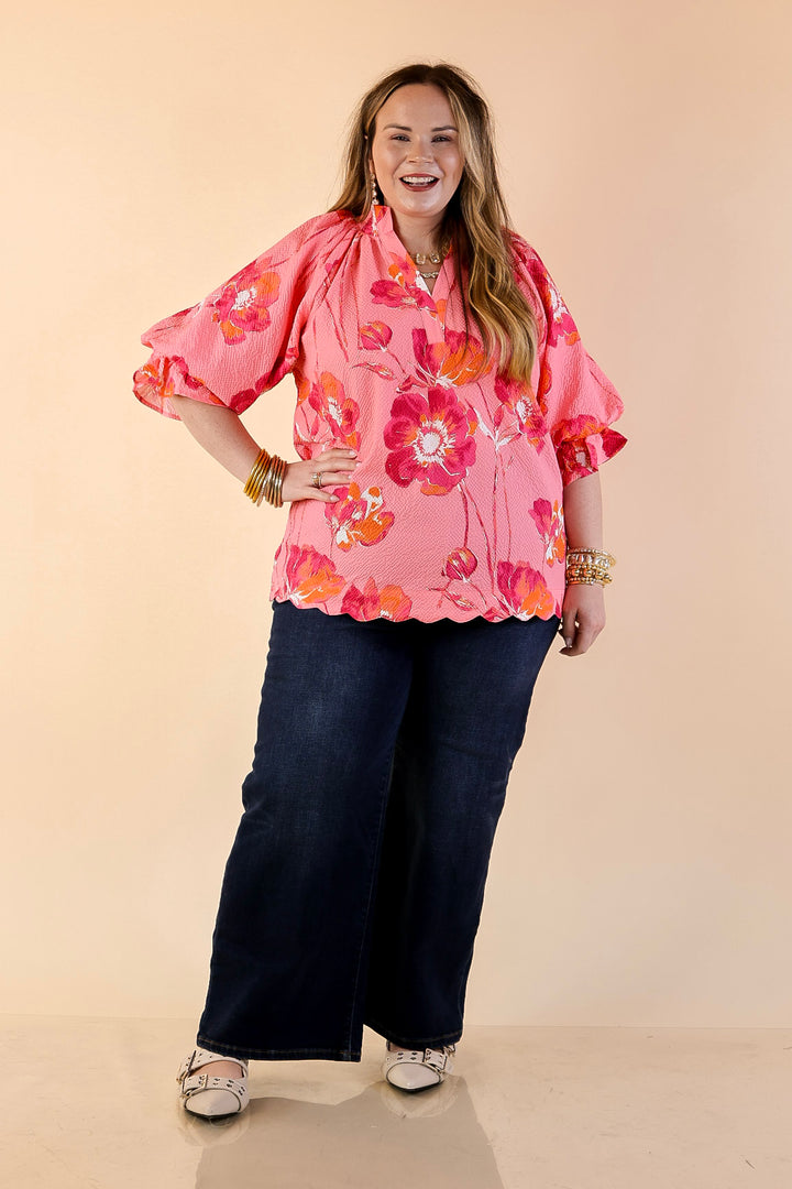 Petal Perfect Floral Print Textured Puff Sleeve Top with Ruffle Split Neckline in Pink Mix