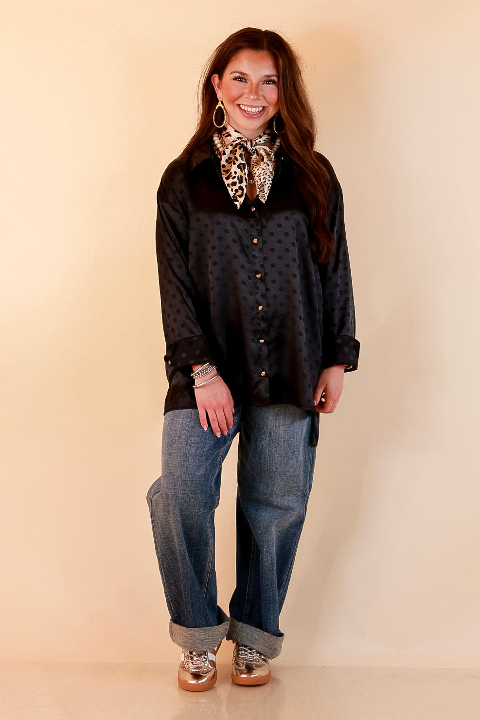 Polished Point of View Satin Collared Polka Dot Button Down Blouse with Gold Buttons in Black