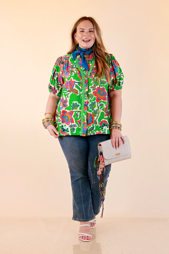 Petal Pop Floral Print Ruffle Front Button Up Top with Puff Sleeves in Green