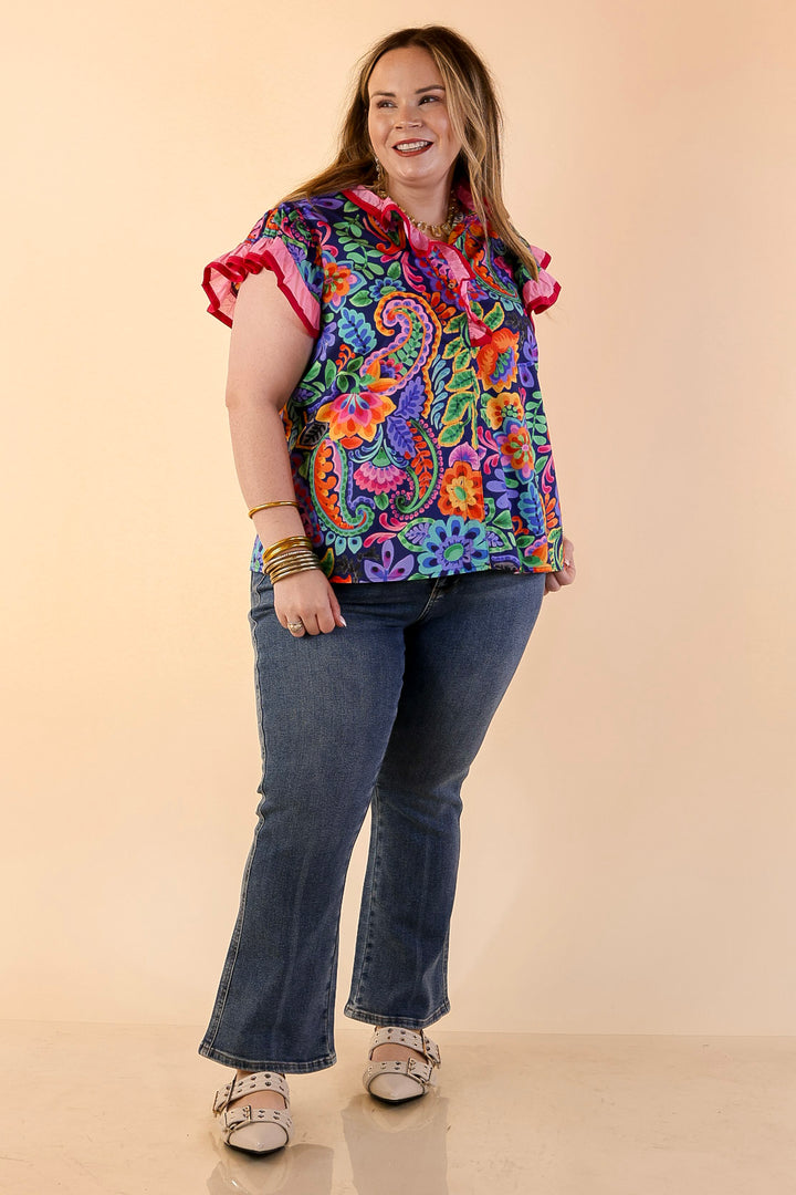 Flourish and Flow Paisley Floral Print Ruffle Flutter Sleeve Top with Split Neckline in Navy Blue