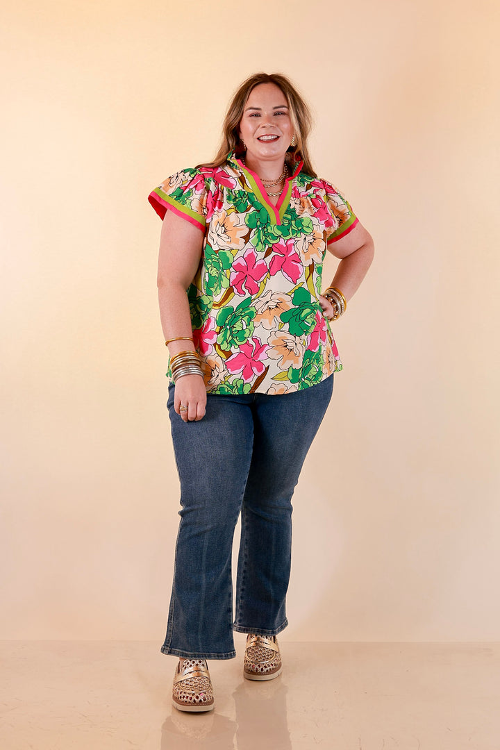 Spring Symphony Floral Print Flutter Sleeve Top with Contrast Trim Split Neckline in Pink and Green