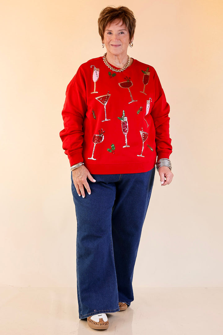 Mud Pie | Season's Sippings Oversized Sequin Cocktail Graphic Sweatshirt in Red