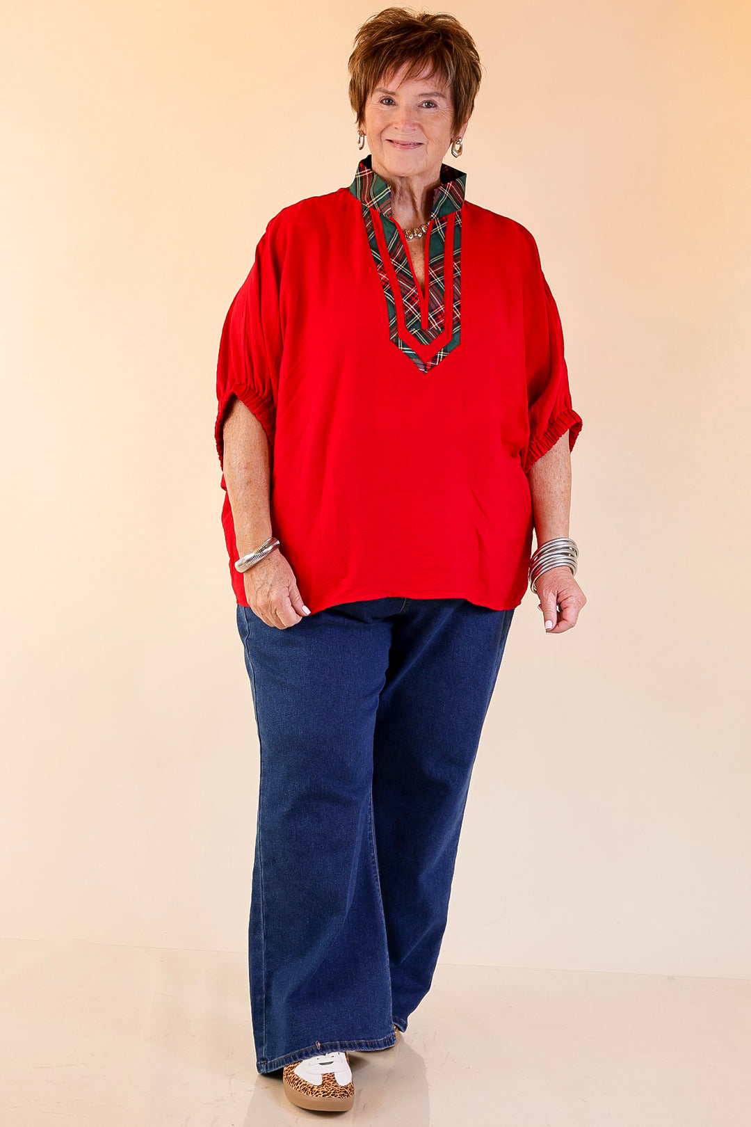 Naturally Stylish Poncho Top with Green Plaid Trim in Red