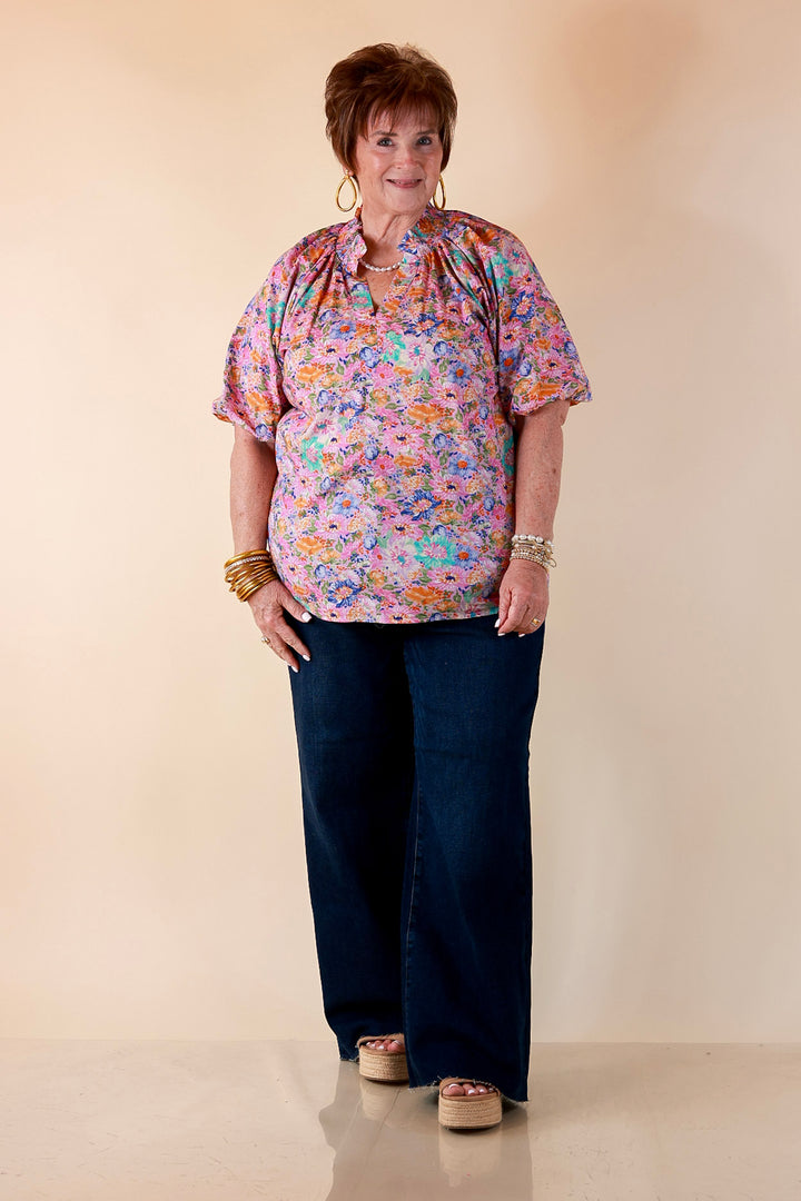 Blooming Beauty Floral Print V Neck Top with Smocked Neckline and Puff Sleeves in Pink Multi Color
