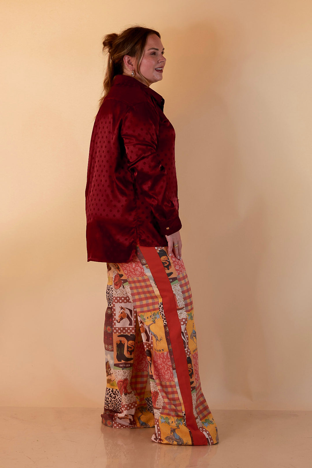 Polished Point of View Satin Collared Polka Dot Button Down Blouse with Gold Buttons in Maroon