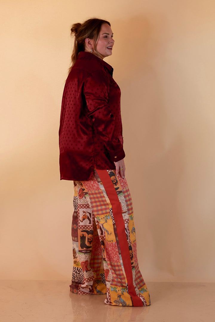 Polished Point of View Satin Collared Polka Dot Button Down Blouse with Gold Buttons in Maroon