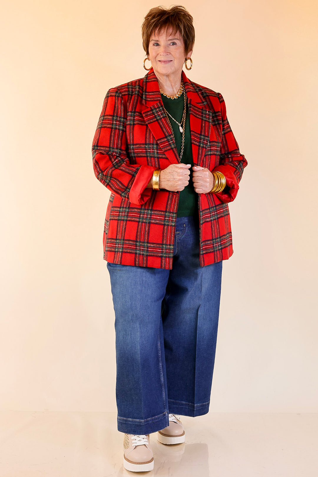 Season to Shine Long Sleeve Tartan Plaid Blazer in Red
