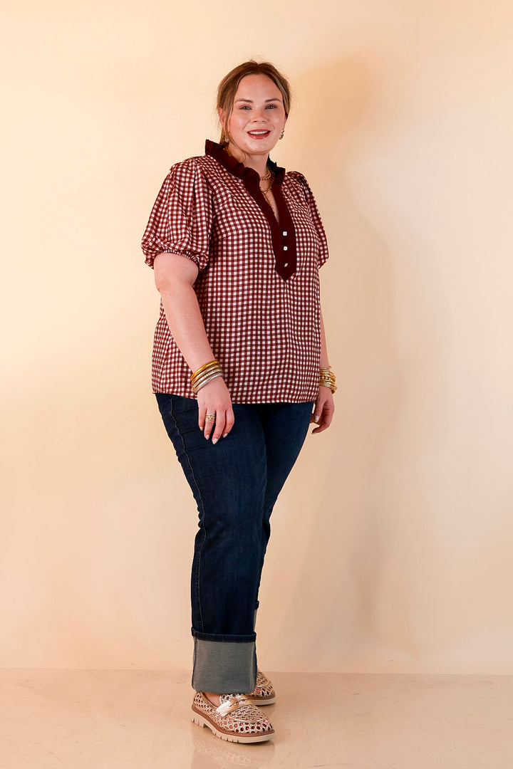 Check the Agenda Contrast V-Neck Button Detail Gingham Puff Sleeve Top in Maroon and Ivory