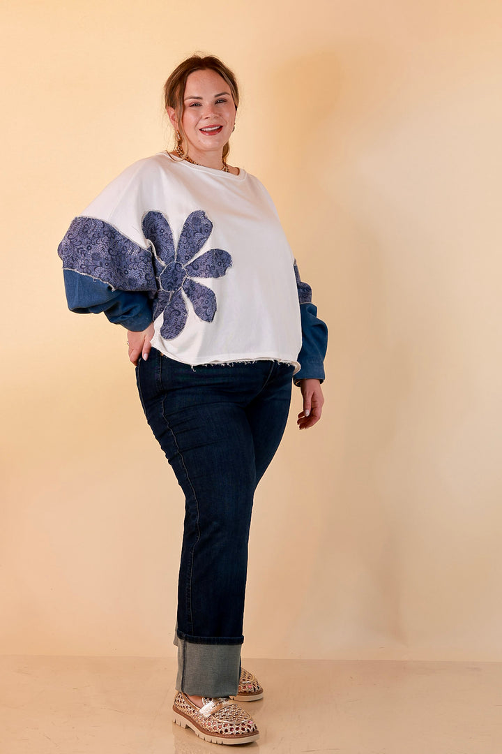 Blooming Details Oversized Floral Appliqué Contrast Sleeve Raw Hem Top in Ivory and Denim Blue