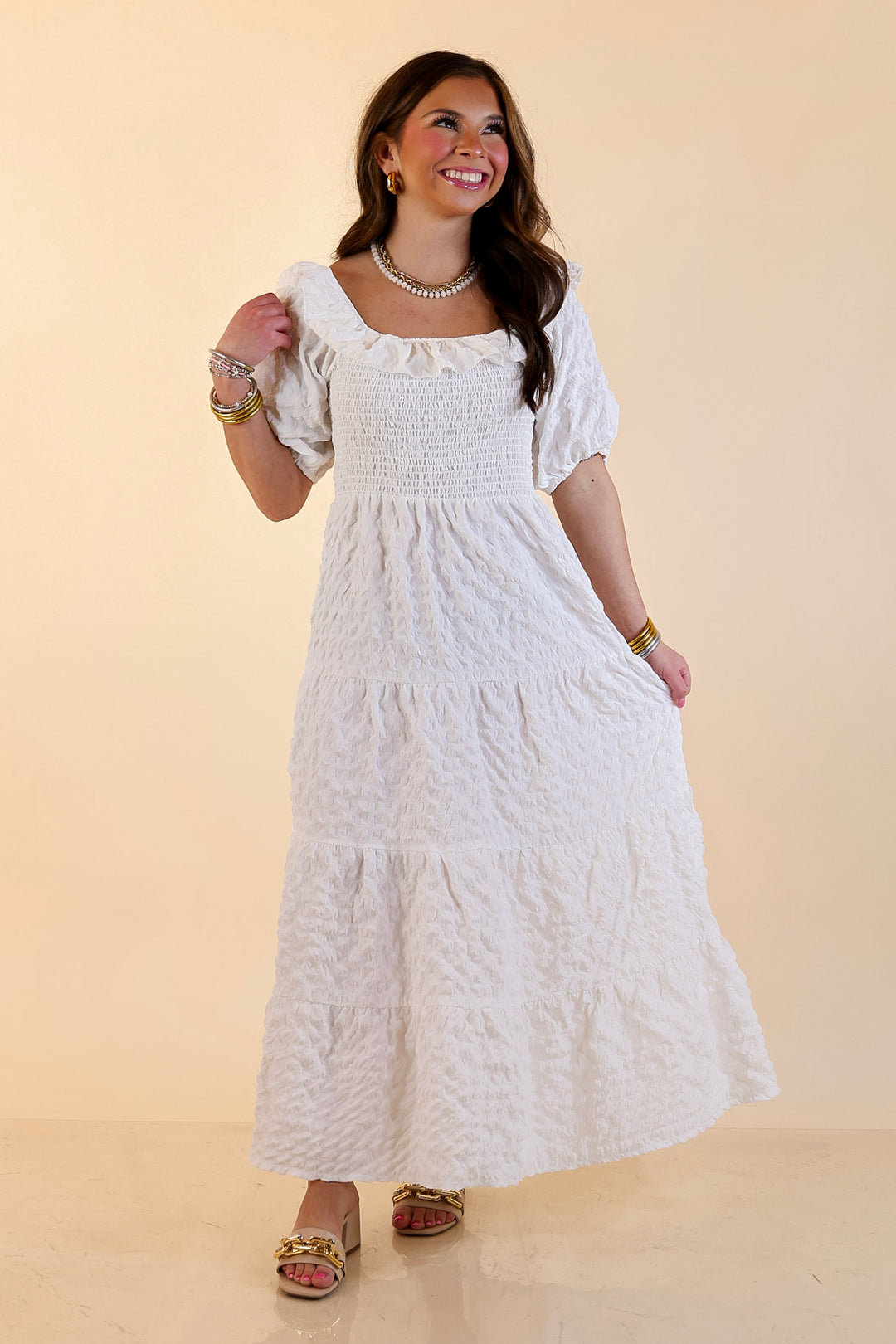 Simply Southern | Radiant Moment Textured Smocked Bodice Tiered Maxi Dress with Puff Sleeves in White
