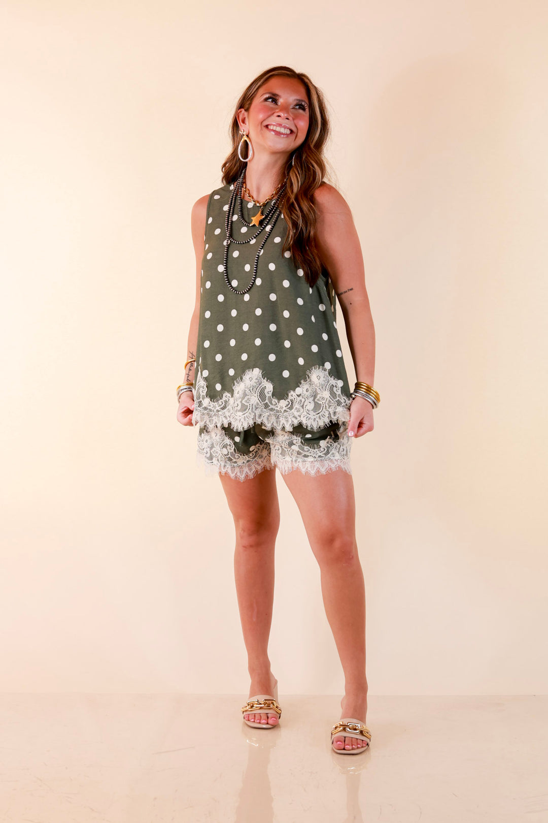 Pretty Little Something Polka Dot Drawstring Shorts with Lace Trim in Olive Green