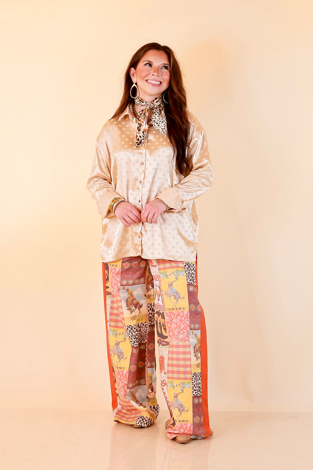 Polished Point of View Satin Collared Polka Dot Button Down Blouse with Gold Buttons in Champagne