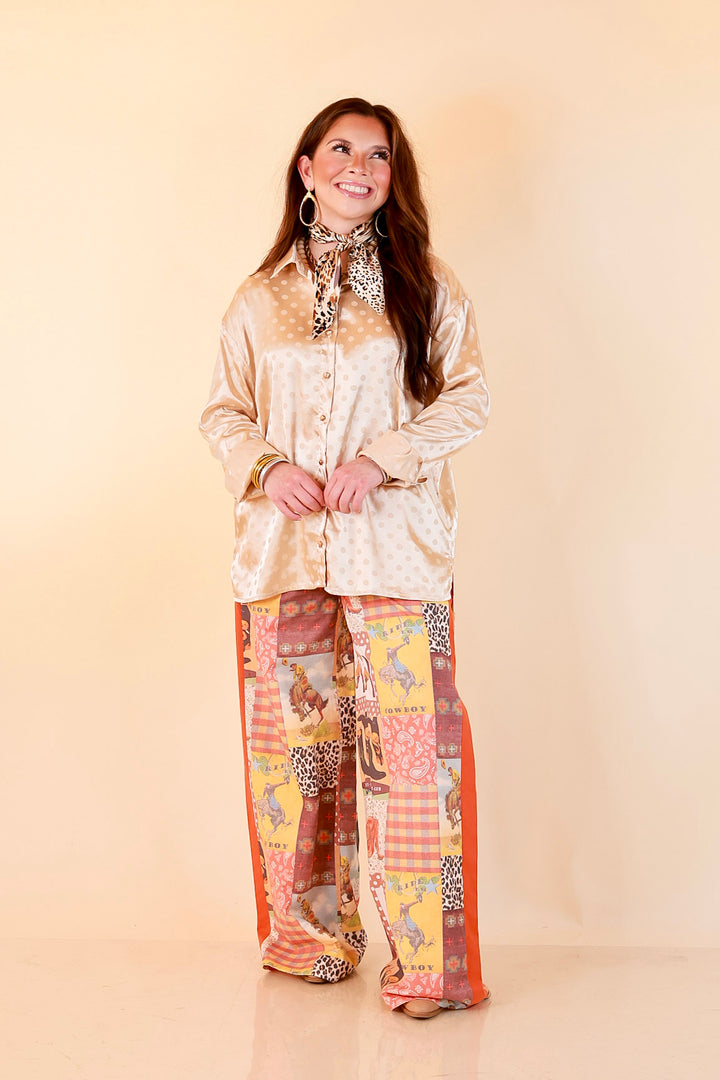 Polished Point of View Satin Collared Polka Dot Button Down Blouse with Gold Buttons in Champagne