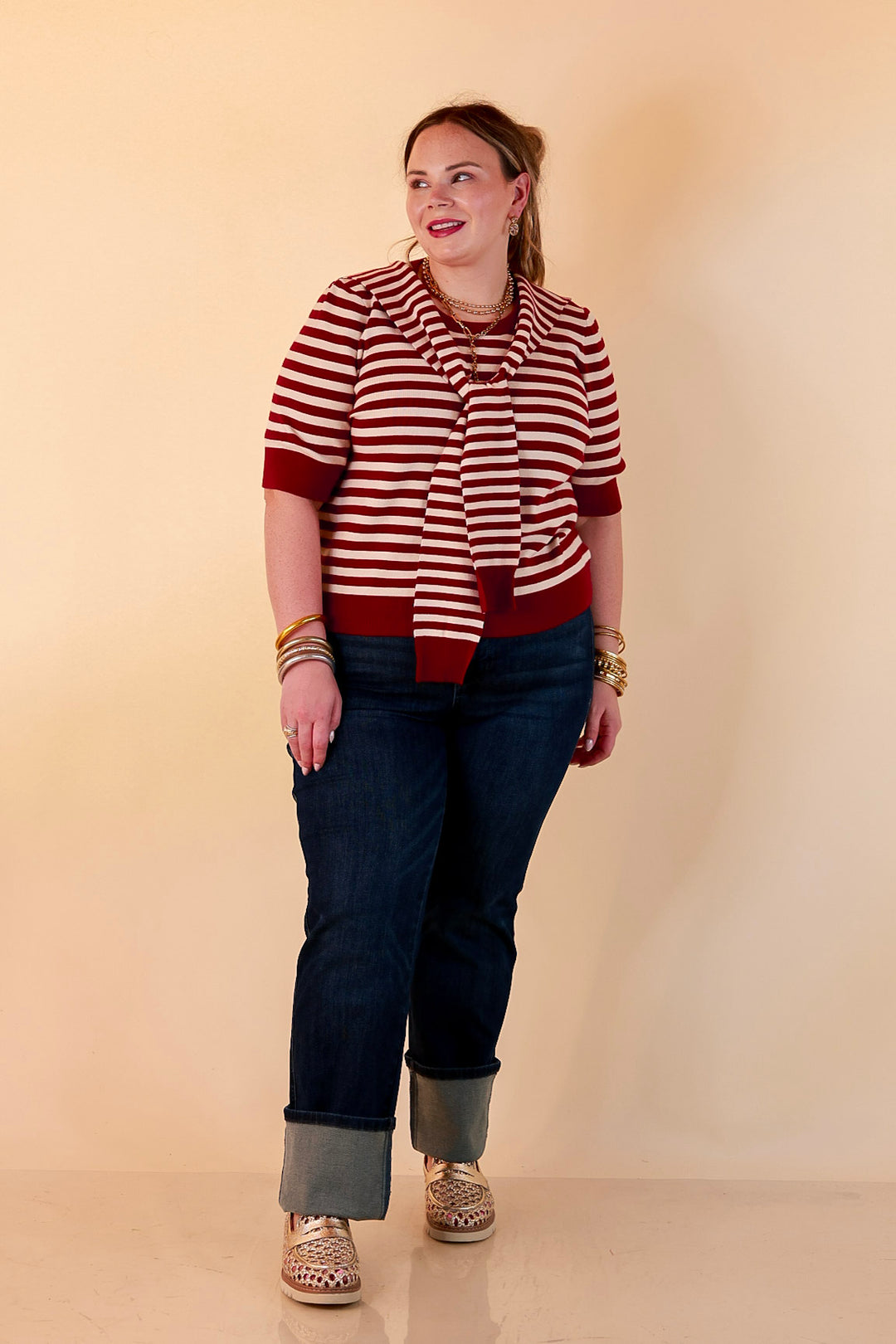 Leading Lady Faux Sweater Tie Detail Short Sleeve Striped Knit Top in Burgundy and Ivory