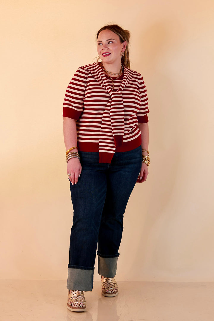 Leading Lady Faux Sweater Tie Detail Short Sleeve Striped Knit Top in Burgundy and Ivory