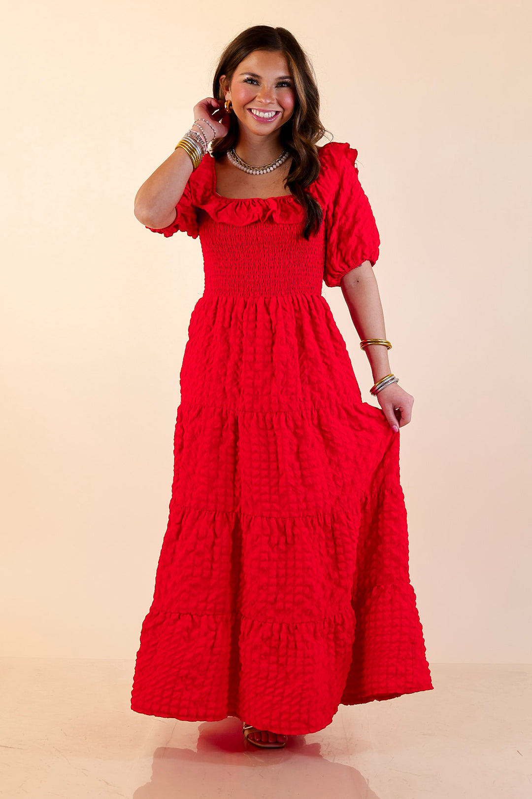 Simply Southern | Radiant Moment Textured Smocked Bodice Tiered Maxi Dress with Puff Sleeves in Red