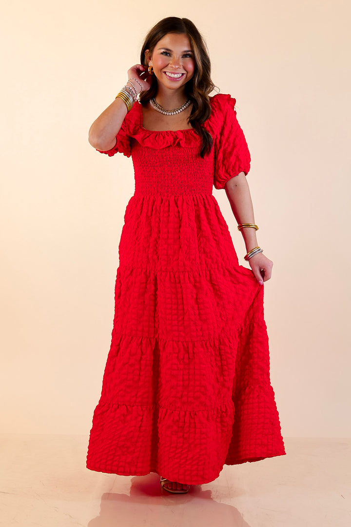 Simply Southern | Radiant Moment Textured Smocked Bodice Tiered Maxi Dress with Puff Sleeves in Red