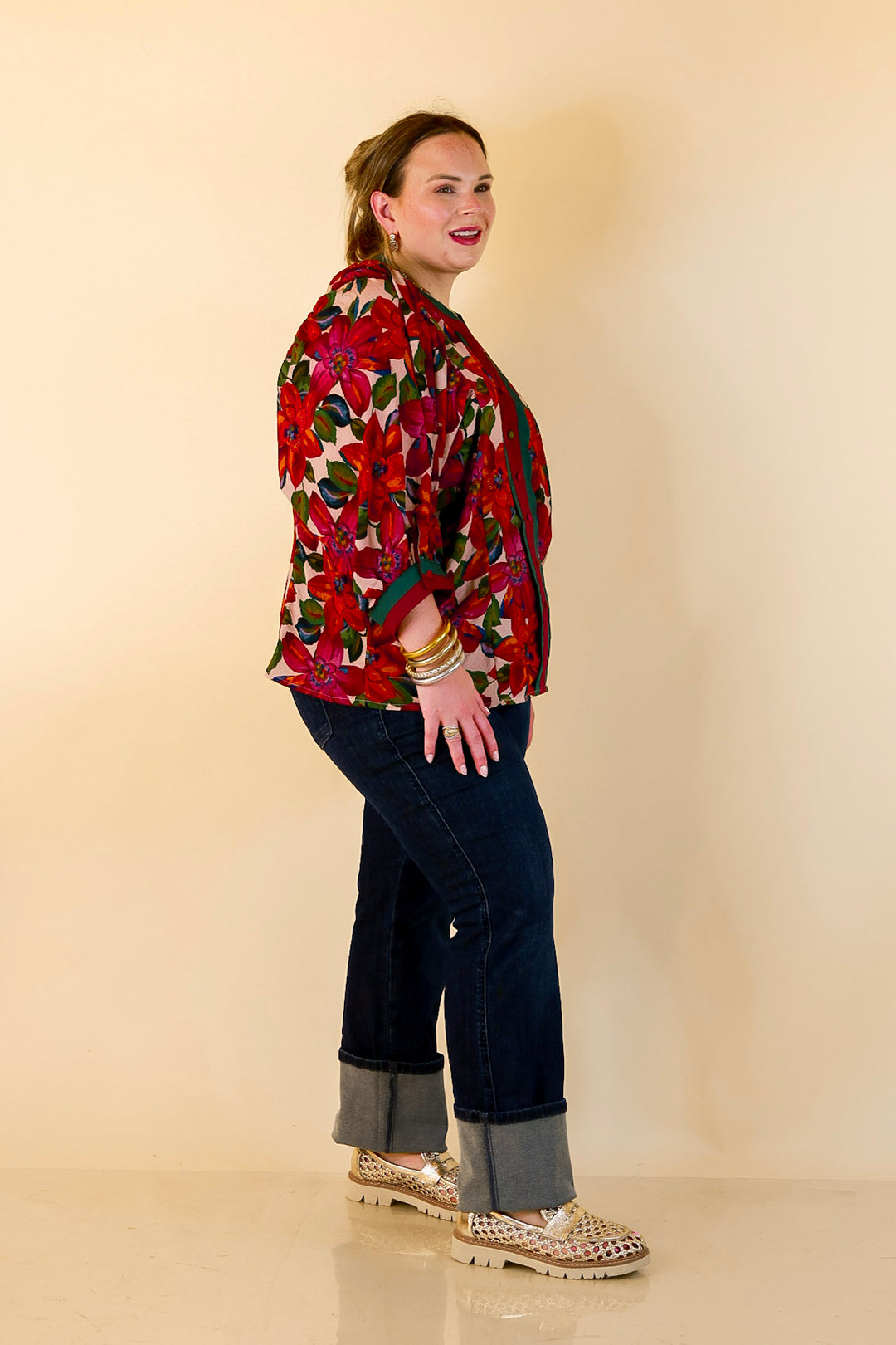 Color Me Confident Floral Print Button Front Contrast Trim Top in Ivory, Plum and Emerald Green