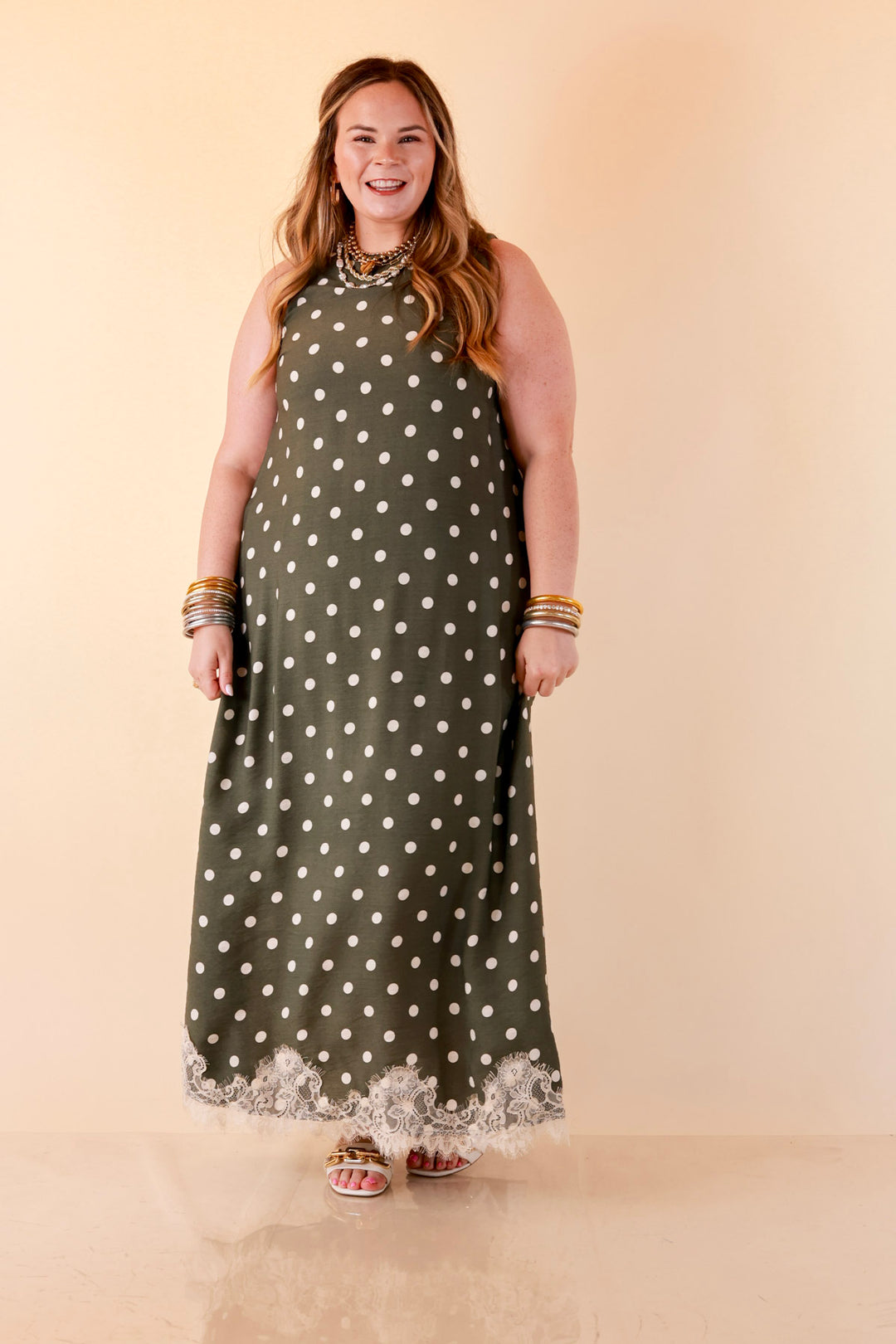 Sweet Little Something Polka Dot Sleeveless Maxi Dress with Lace Trim in Olive Green