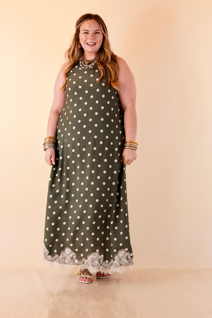 Sweet Little Something Polka Dot Sleeveless Maxi Dress with Lace Trim in Olive Green