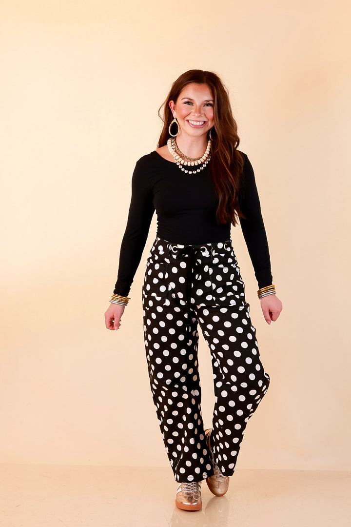 Just My Type Polka Dot Wide Leg Barrel Jeans with Drawstring Waist and Pockets in Black and White