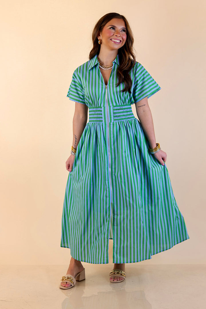 Modern Charm Zip Front Midi Striped Print Dress with Smocked Waist and Short Sleeves in Green and Blue