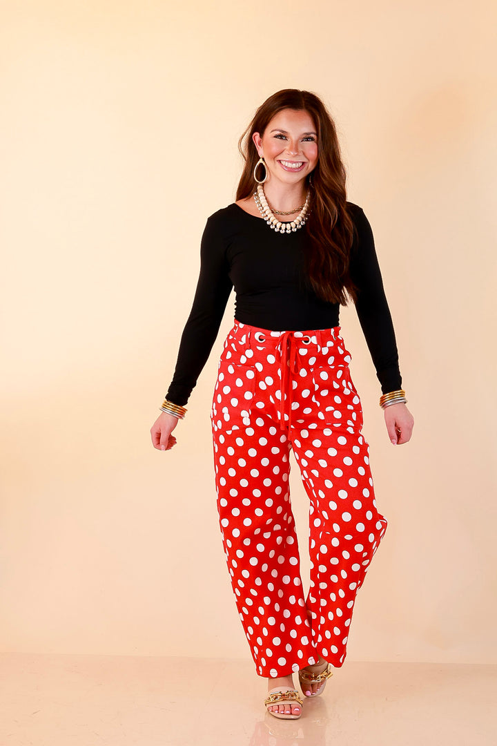 Just My Type Polka Dot Wide Leg Barrel Jeans with Drawstring Waist and Pockets in Red and White