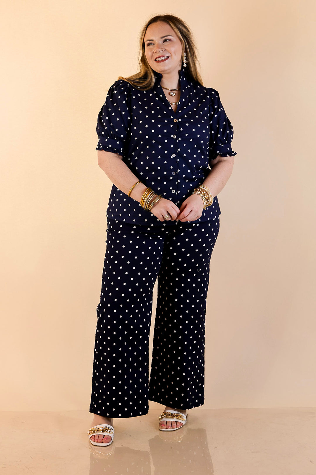 Poised and Polished Button Front Puff Sleeve Top with Polka Dot Print in Navy Blue and White