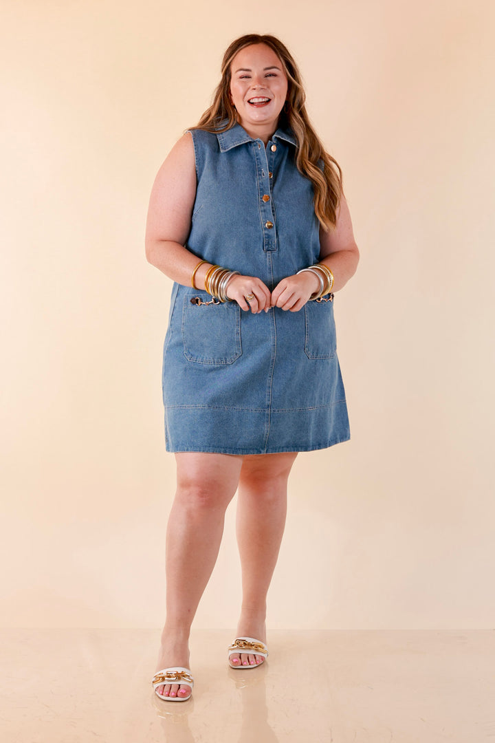 Easy on Repeat Collared Sleeveless Denim Dress with Horse Bit Detailing in Medium Wash