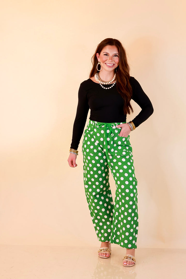 Just My Type Polka Dot Wide Leg Barrel Jeans with Drawstring Waist and Pockets in Green and White