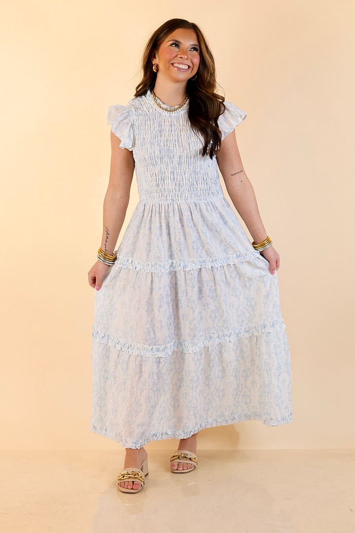 Mud Pie | Graceful Charm Smocked Toile Print Tiered Midi Dress with Ruffle Sleeves in Blue and White