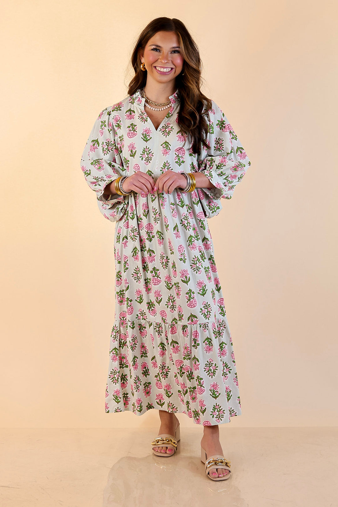 Mud Pie | Lovely Impression Cotton Poplin Floral Midi Dress with Ruffle Collar and Puff Sleeves in Sage Multi