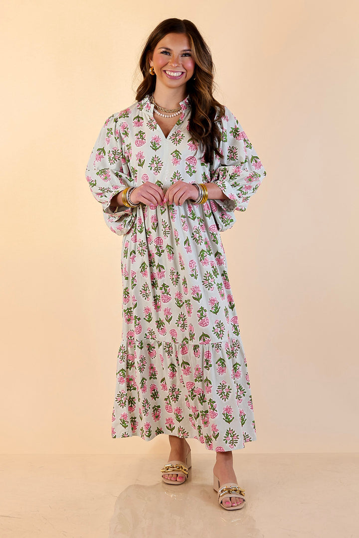 Mud Pie | Lovely Impression Cotton Poplin Floral Midi Dress with Ruffle Collar and Puff Sleeves in Sage Multi