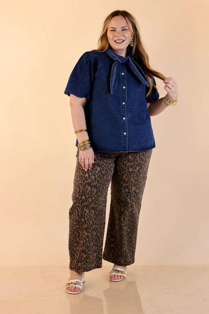 Tie the Moment Denim Pearl Snap Button Front Top with Statement Tie Neckline and Puff Sleeves in Medium Wash