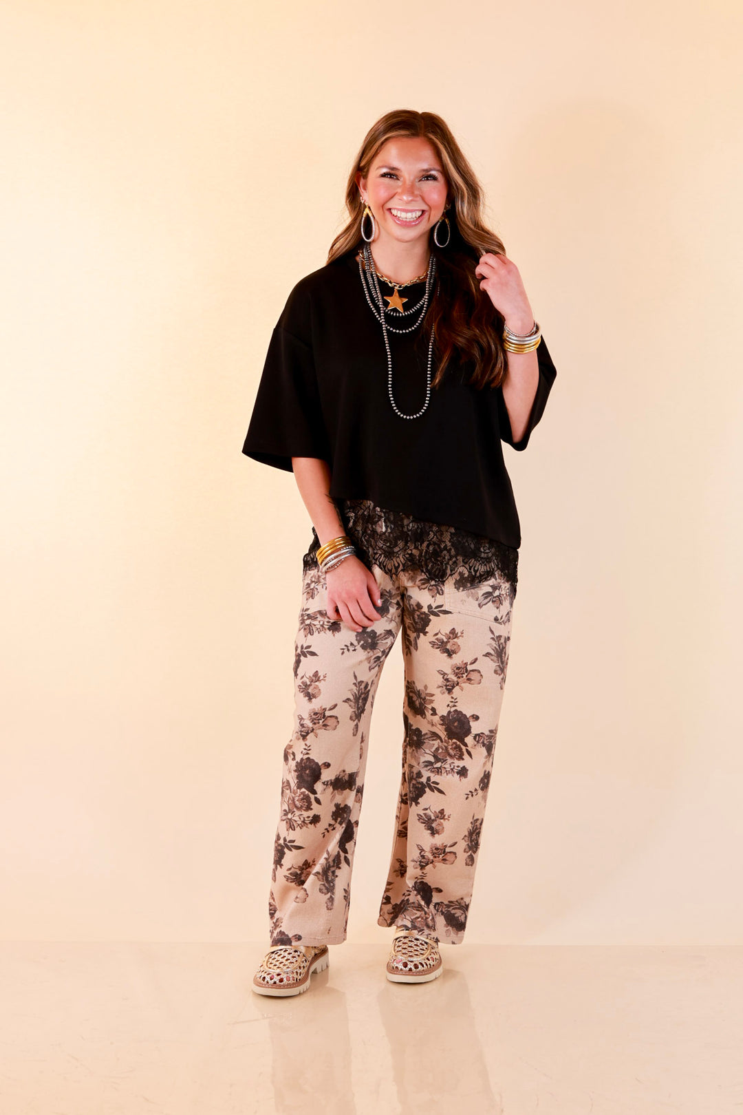 Laced with Charm Oversized Asymmetrical Lace Trim Boxy Top in Black