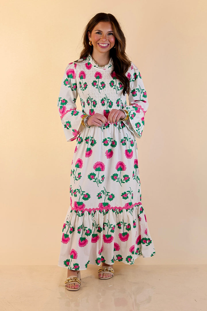 Mud Pie | Petal Parade Smocked Floral Print Tiered Midi Dress with Scallop Trim in Cream Multi