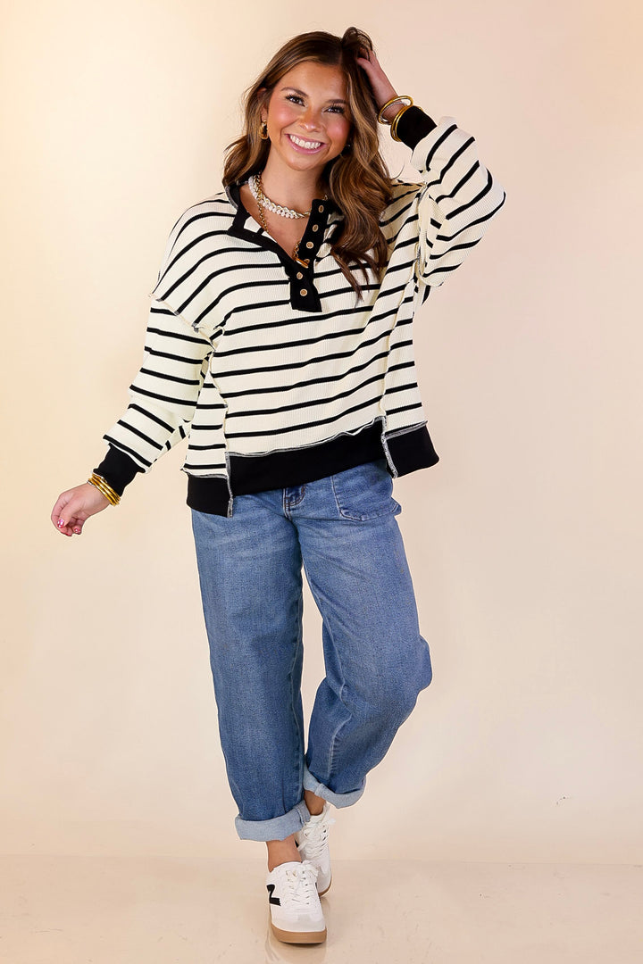 Casual Edge Long Sleeve Striped Henley Knit Top with Dropped Shoulders in Ivory with Black Stripes