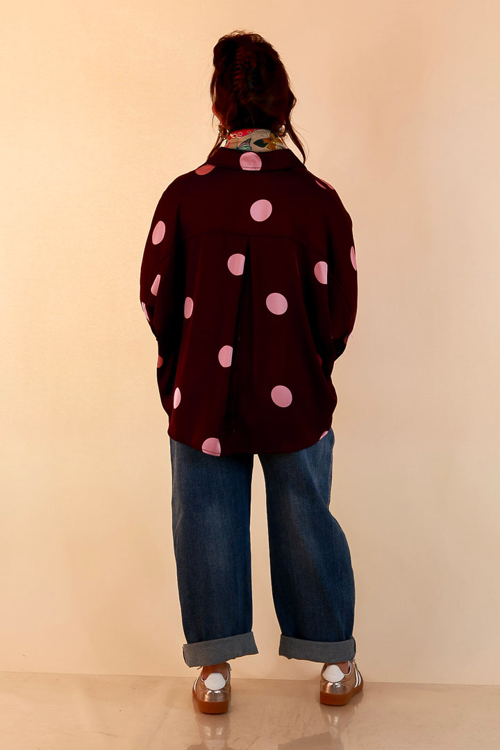 Two of a Kind Oversized Long Sleeve Button Down Blush Pink Polka Dot Blouse in Maroon